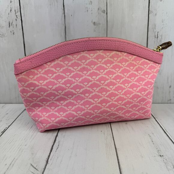 J. McLaughlin Pink Initial "H" Makeup Bag Gold Leather Zipper - Picture 2 of 14